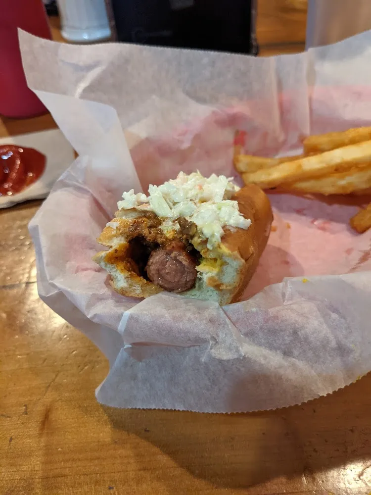 Hot Dog with Mustard Slaw and Chili